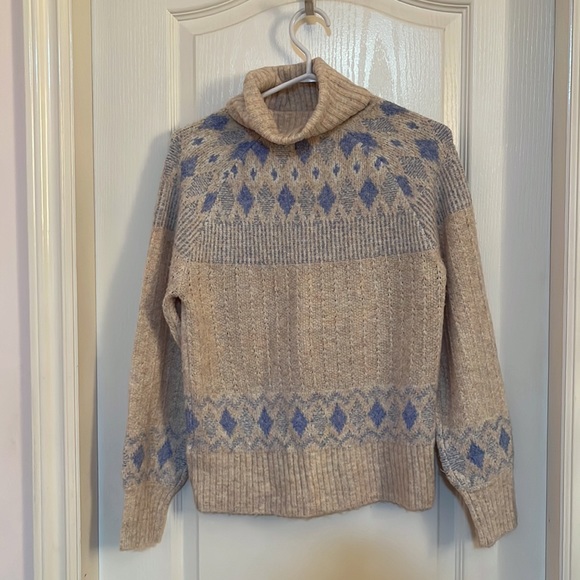 Nicole Miller fair isle turtleneck sweater blue tan - Picture 2 of 5